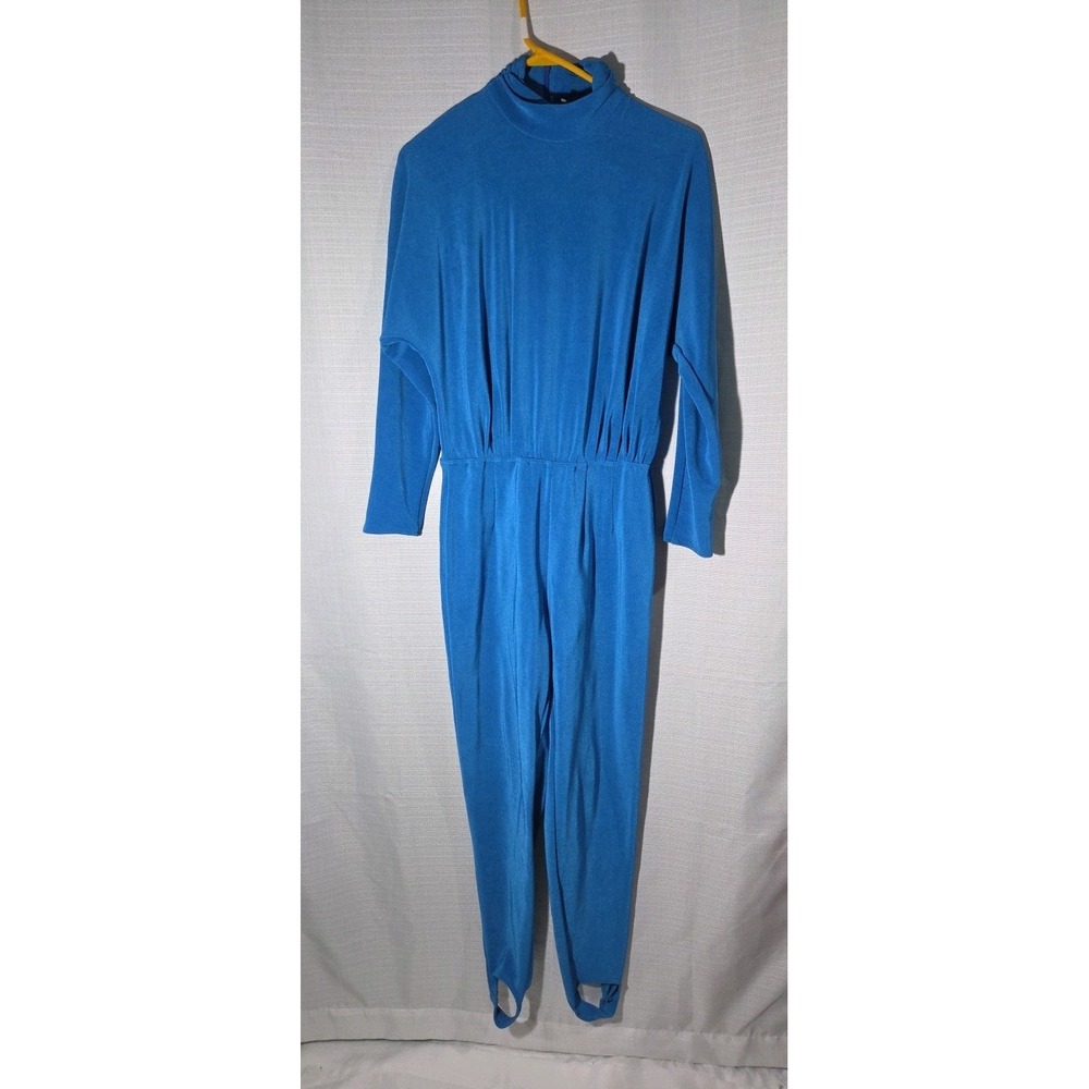80s Blue Jumpsuit Opal Womens Size Large Long Sleeve Stretch